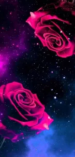 Galaxy roses against a cosmic purple background.