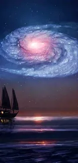 Mobile wallpaper with a sailboat below a swirling galaxy at night.