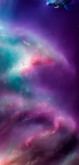 Mobile wallpaper of a shark swimming in a vibrant purple galaxy scene.