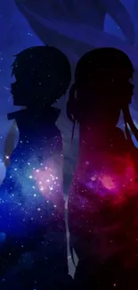 Anime characters in cosmic galaxy silhouette wallpaper.