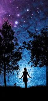 Silhouette of a girl under a vibrant galaxy night sky.