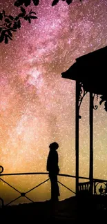 Silhouette against a galaxy night sky on a mobile wallpaper.