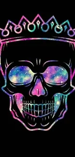 Colorful galaxy skull with crown on black background.