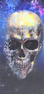 Colorful galaxy skull wallpaper with cosmic vibes.