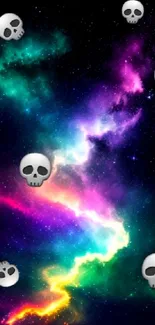 Vibrant neon galaxy with skull motifs on black background.