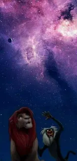 Cartoon characters under a galaxy sky.