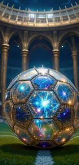 Galaxy-themed soccer ball in majestic stadium.