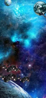 Vibrant space wallpaper with planets and nebula.