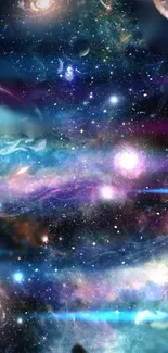 Colorful galaxy space wallpaper with stars and planets.