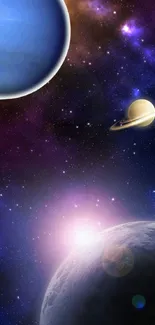 Mobile wallpaper of space with planets and stars in a galaxy setting.