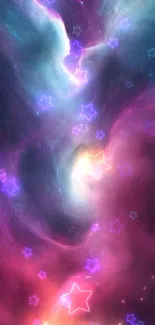 Vibrant galaxy with neon stars on a dark purple background.