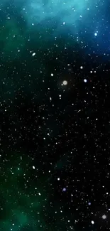 Galaxy-themed wallpaper with stars in a blue and green night sky.