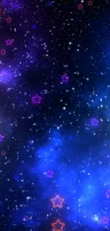 Galaxy-themed wallpaper with neon stars on a dark blue night sky.