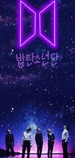 BTS wallpaper with galaxy stars and neon purple logo.