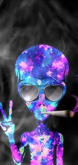 Galactic alien with sunglasses in vibrant colors on black background.