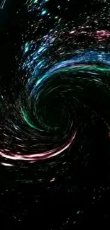 Hypnotic galaxy swirl wallpaper with vibrant cosmic colors on a black background.