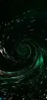 Galaxy swirl wallpaper with dark green and black colors.