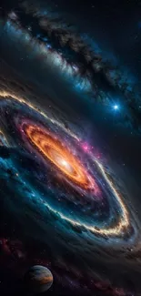 Vibrant galaxy swirl with stars and planets in a cosmic mobile wallpaper.