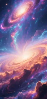 A vibrant cosmic swirl with glowing galaxy colors.