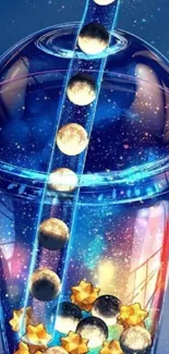 Galaxy-themed drink with stars and cosmic elements in vibrant colors.