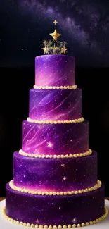 Galaxy-themed cake with a starlit sky and vibrant purple icing.