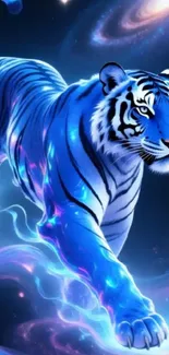 A digitally illustrated blue tiger in a cosmic galaxy setting.