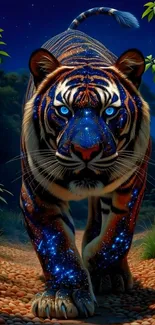 Galaxy-themed tiger in an enchanted forest with starry patterns.