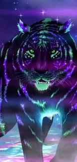 Neon glowing tiger in a galaxy setting, vibrant and mystical.