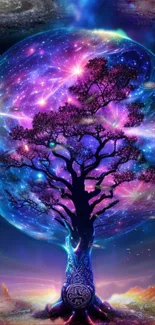 Colorful galaxy tree with cosmic background on a mobile wallpaper.