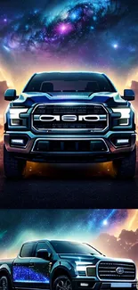 Galaxy-themed truck in cosmic landscape wallpaper design.