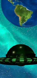 UFO hovering near Earth with teal galaxy background.