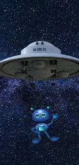 A galaxy scene with a blue robot and UFO.