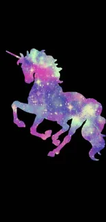 Galaxy unicorn silhouette on black background.