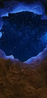 Starry night sky through a rocky cave opening, revealing cosmic beauty.