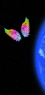 Earth with vibrant wings floating in cosmic space background.