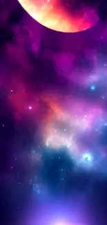 Vibrant galaxy wallpaper with cosmic clouds and a glowing moon.