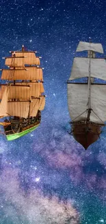 Vintage ships sailing across a galaxy under a starry night sky wallpaper.