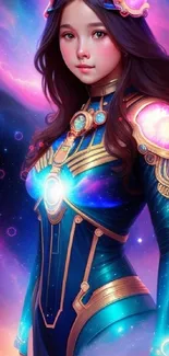 Colorful digital art of a galaxy warrior with cosmic elements.