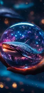 Whale floating in a glass sphere with galaxy backdrop.