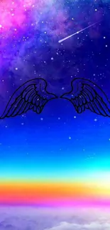 Celestial wings on a vibrant galaxy sky mobile wallpaper.