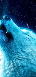 Majestic blue wolf howling under starry night sky in cosmic-themed wallpaper.