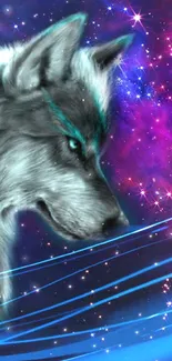 Majestic wolf with neon highlights in a cosmic galaxy background wallpaper.