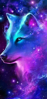 Galaxy wolf in vibrant purple hues.