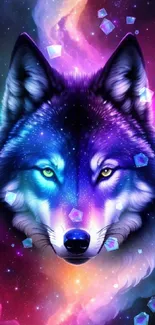 Galaxy wolf with vibrant cosmic colors in a mystical mobile wallpaper.