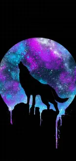 A wolf silhouette howling against a vibrant galaxy background.