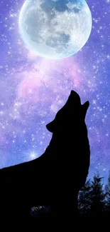 Wolf silhouette in a galaxy sky with a glowing moon and starry background.