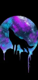 Wolf silhouette with galaxy background in vivid colors.