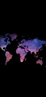 Galaxy themed world map on black background.