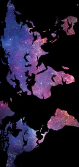 Galaxy world map wallpaper with purple and pink hues on a black background.