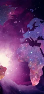 Purple galaxy-themed world map wallpaper with stars.